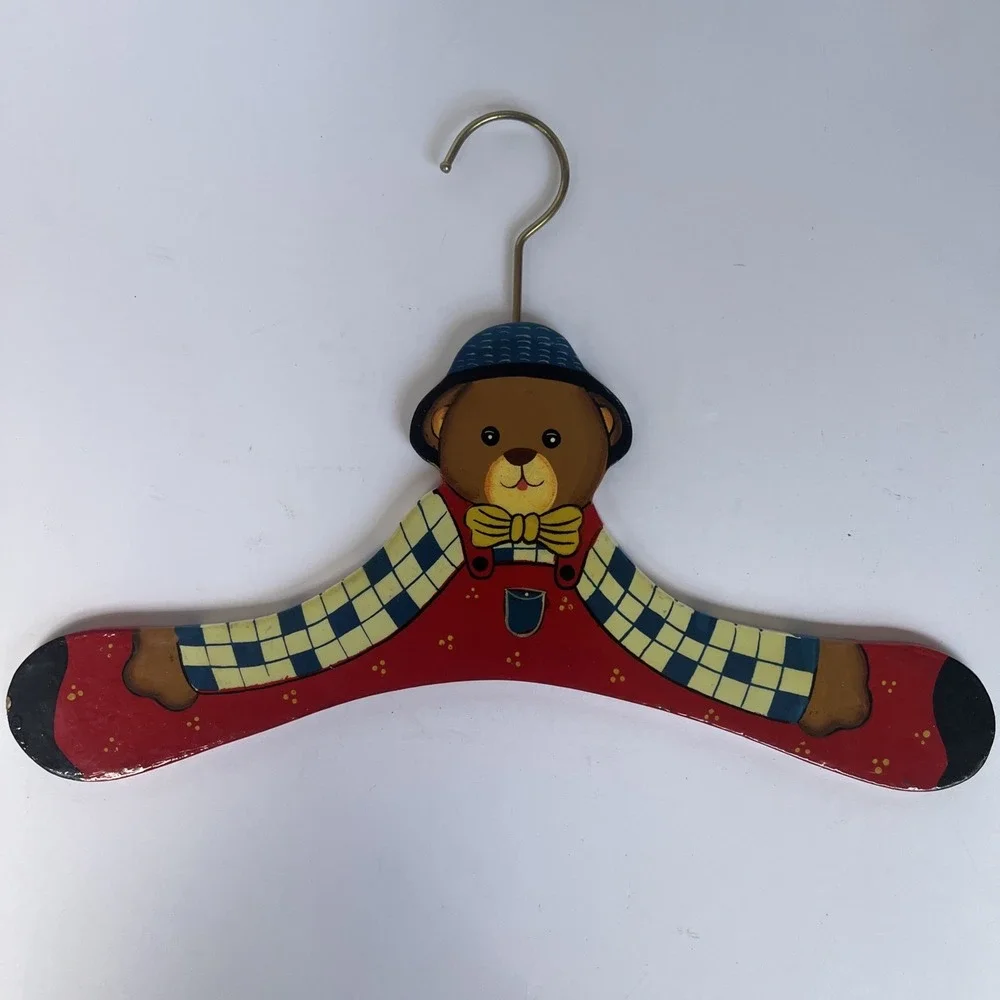 Children's Vintage Wooden Clothes Hanger Teddy Bear Hand Painted